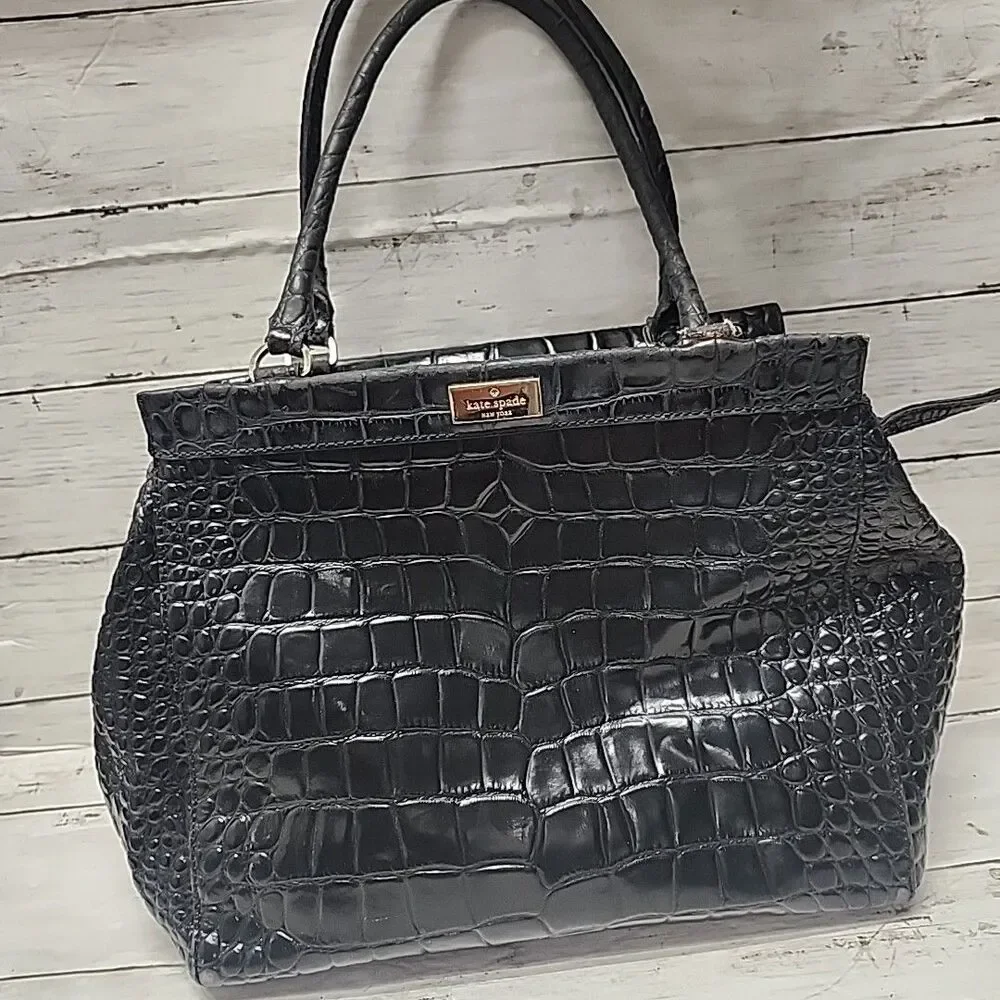 KATE SPADE New York Ridgely Ave Becky Satchel Croc Embossed Leather Black Bag